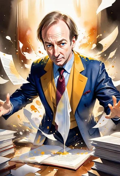 watercolor painting of greedy lawyer saul goodman (bob odenkirk) pictures that overlap with us documents, dramatic, carne griffi...