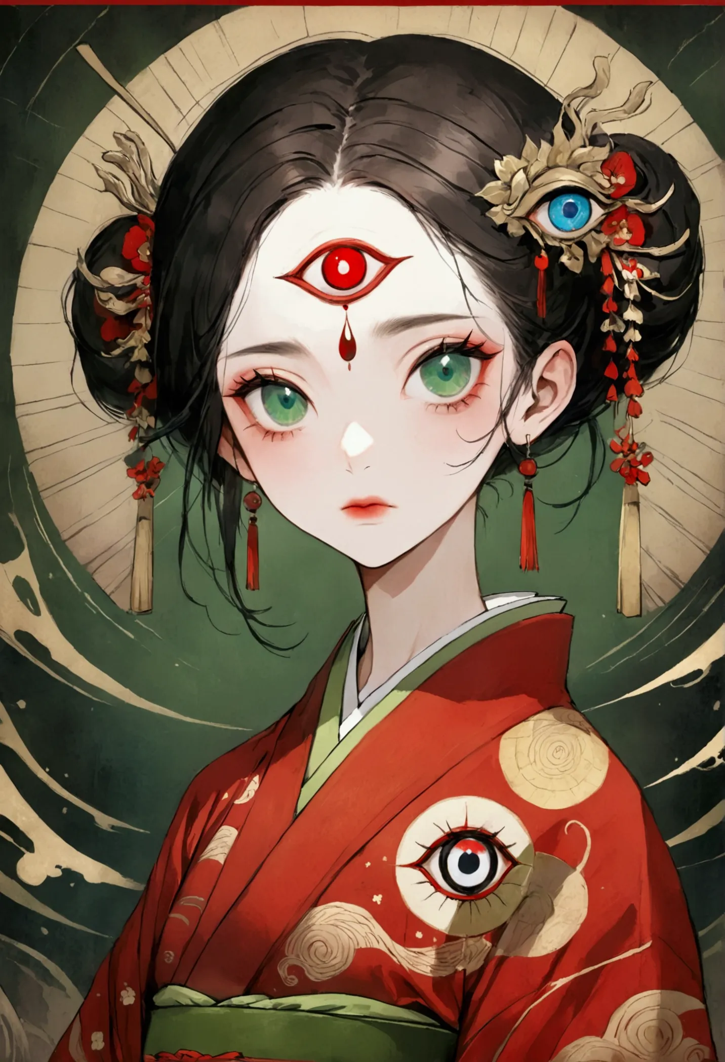 art illustration，dark style，(((1 girl，solo，third eye on the forehead，))),(((gorgeous japanese red kimono：1.6，eye diagram，dark pa...