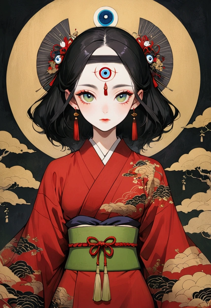 Art Illustration，Dark Style，(((1 girl，solo，Third eye on the forehead，))),(((Gorgeous Japanese red kimono：1.6，Eye Diagram，Dark Patterns))).(((Narrow waist，Greenbelt：1.37)))whole body