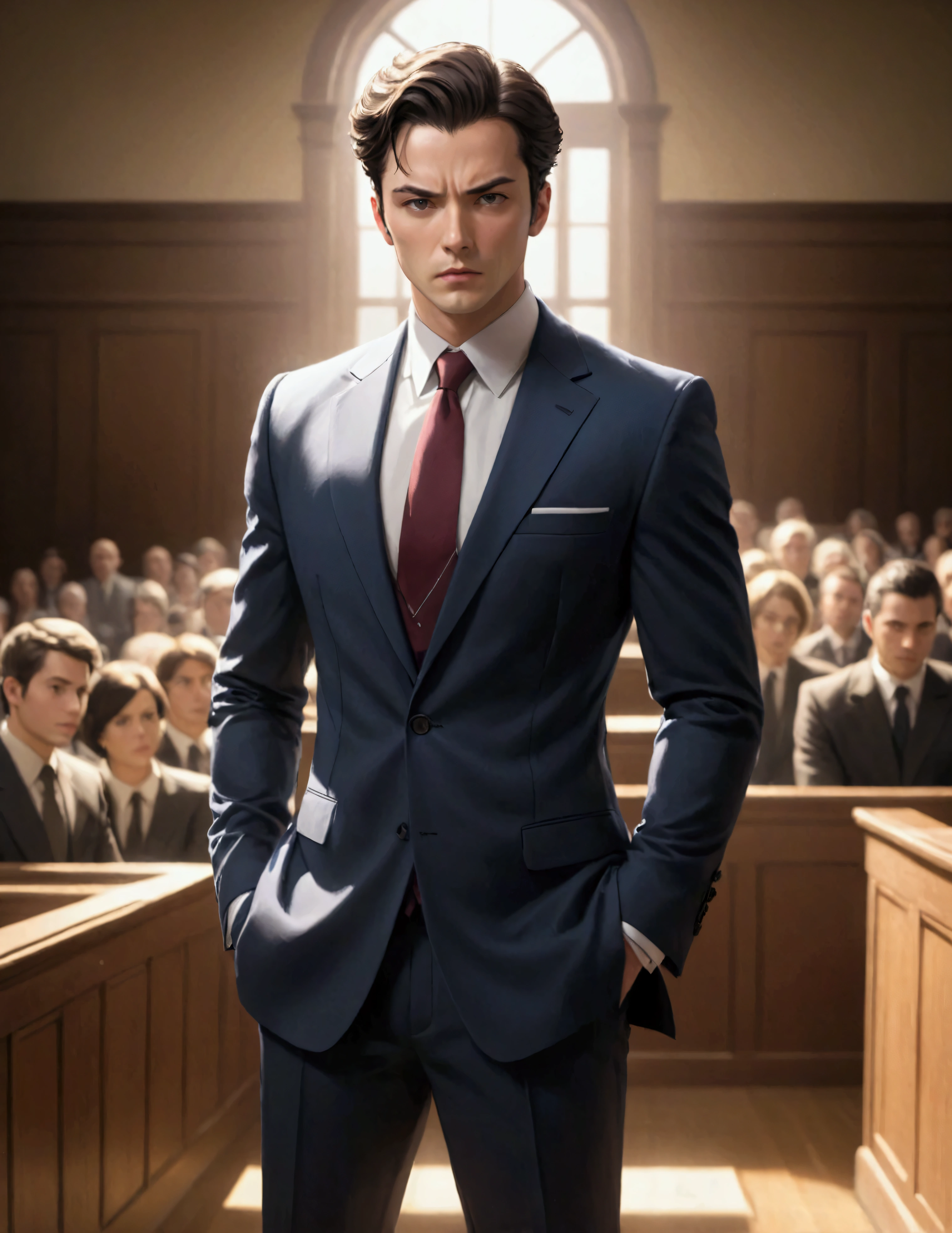 Dressed in a tailored suit, facing the prosecution in the courtroom and making an argument, a desperate formality,
Professional, committed, high-quality portrayal,