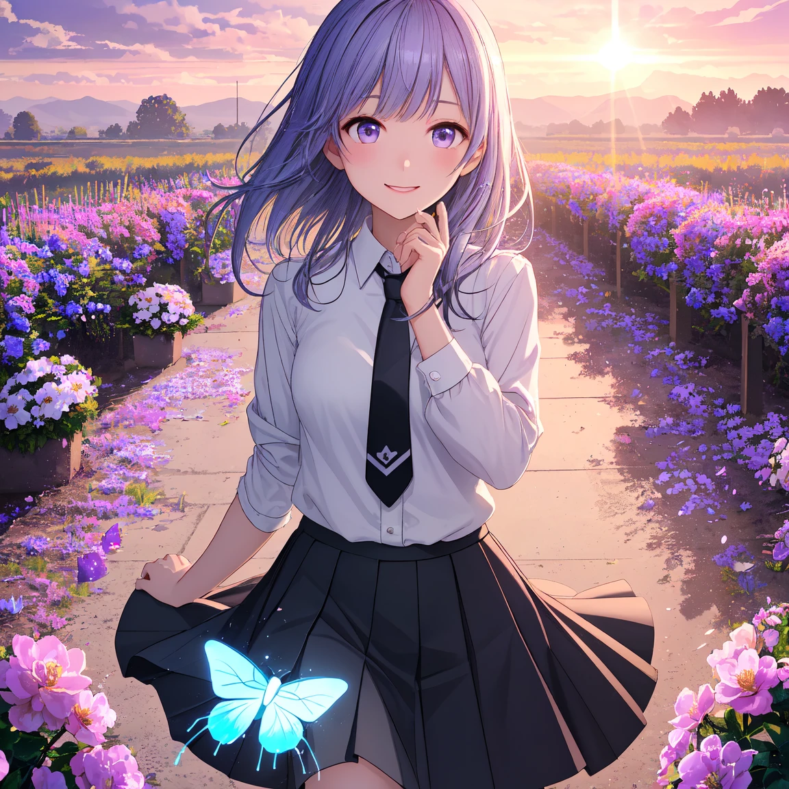 (( best quality, masterpiece, 4k, 8k, 16k, absurdrity, retina, High quality CG, Beautiful CG, Soft Light, Octane Rendering)), Ultra-Wide Angle, POV, anime style, 1girl, smile, blunt bangs, drooping eyebrows, aqua eyes, glowing eyes, violet hair, meadow, smile, long white shirt, black flowing pleated skirt, lace-trimmed skirt, black necktie, BREAK looking at viewer, blush, facing shot, sunrise backlighting, cloudy, purple and blue gradient sky, surrounded by glowing butterflies, award winning, vibrant colors, flowers flying, bloom, petals falling, cowboy shot, view from above, dreamy touch, hand on cheek