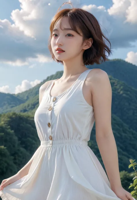 full body portrait:1.4、beautiful young angel girl with very short chestnut hair、wearing a white sleeveless one-piece dress、jump ...