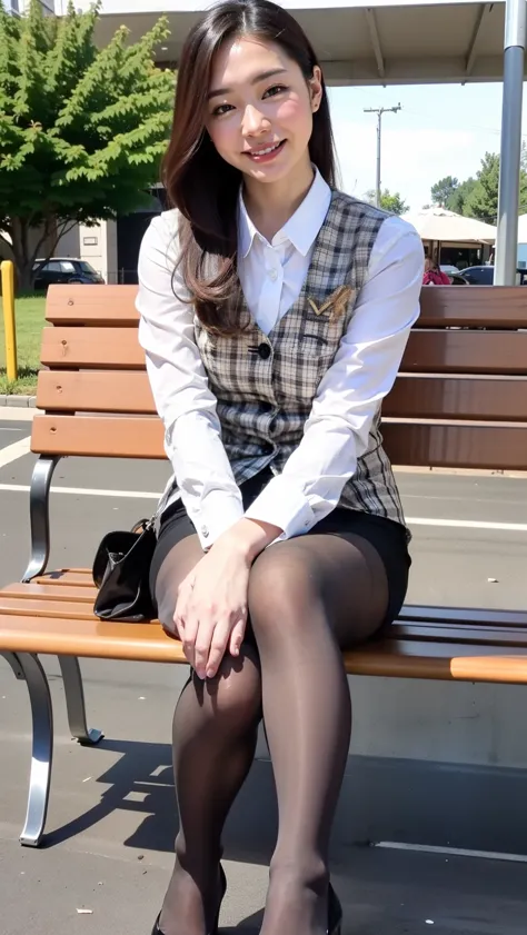 ulzzang-6500-v1.1, (RAW Photos:1.2), (Photorealistic), (Genuine:1.4), １girl、Perfect Anatomy、48 years old、Looking at the camera、Medium Long Hair、Plaid vest、((Sitting on a bench:1.3))、(Ultra-realistic pantyhose:1.3), (High heels)、(Business services)、(A very loving smile:1.2)、