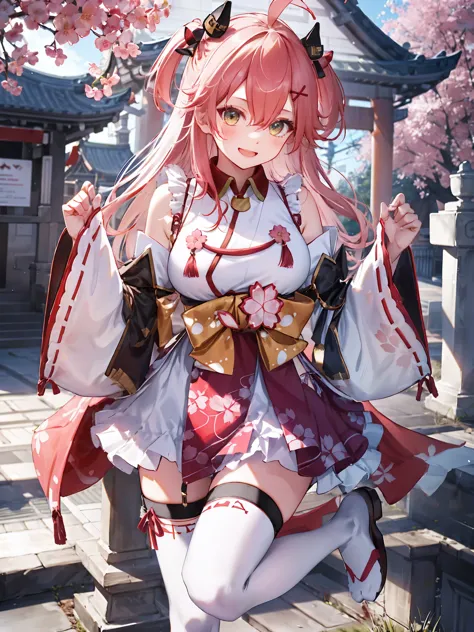 masterpiece, best quality, highres, miko1, sakura_miko, 1girl, big_boobs, solo, ahoge, x_hair_ornament, pink_hair, floral print, hairclip,(side_less_clothes:1.5), (side_boobs:1.5), hair_bell, floral print, long_hair, hair between eyes, one side up, white thighhighs, asymmetrical legwear, wide sleeves, open_mouth,(happy:1.3),gleen_eyes,big_smile,(rise_leg:1.3),plump,apart_legs,(overly_long_sleeves:1.3),),sleeves_past_wrists,hands_hidden_sleeves,sidelock_clothes,dynamic_posing,solo,hidden_wrists,(XD:1.4),covered_nipples,sunlight,cherryblossom_temple_landscape_background,