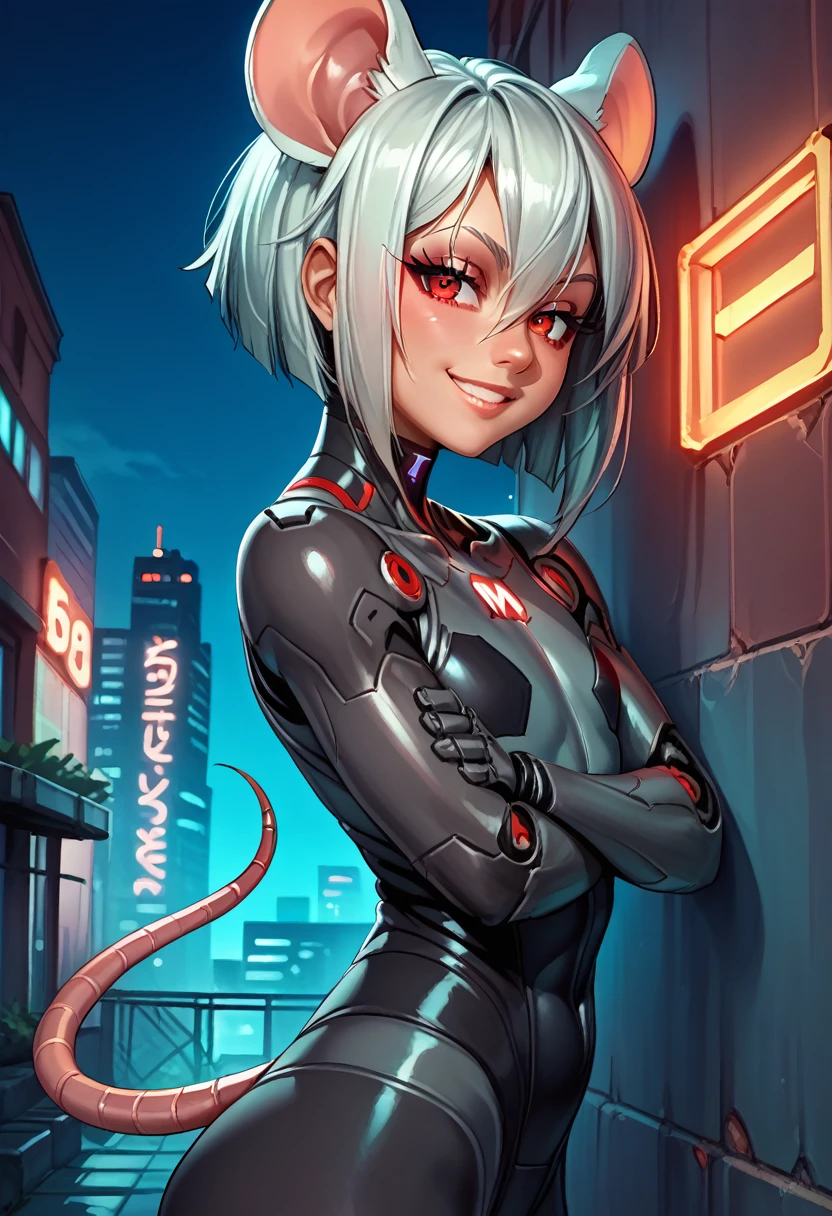 score_9, score_8_up, score_7_up, source_anime, outside, cyberpunk, city, night, sky, neon lights, cityscape, alley, side view, close-up, (hair between eyes:1.1), red eyes, half-closed eyes, smile, looking at viewer, solo, female, humanoid, mouse humanoid, tail, bob cut, metal hair, flat chested, black bodysuit, cybernetic arms, glowing, standing, against wall, crossed arms, robot features , 