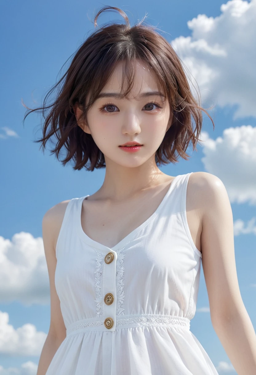 Full body portrait:1.4、Beautiful young angel girl with very short chestnut hair、Wearing a white sleeveless one-piece dress、Jump into the summer sky in the background、(大きくRealな白い翼のギミック:1.5)、Halo、Shooting from a low angle。(Highest quality、4K、8k、High resolution、masterpiece: 1.2)、Super detailed、(Real、Photorealistic: 1.37)、Intricate and highly detailed faces、Delicate facial features、Beautifully detailed, expressive eyes、beautiful long eyelashes、Cute button nose、Beautifully detailed lips、Ideal body type、White and detailed skin、Graceful pose、Dynamic Movement、Detailed summer sky、Detailed summer clouds、Natural lighting、Warm tones、Golden Hour、Glowing Skin、Ethereal、Heavenly、Sacred、Sky、jpn-girl、ohwx woman