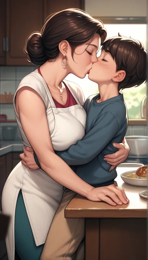 score_9, score_8_up, score_7_up, source_anime, 1boy, 1girl, mature female, mother and son, kid, hug, kiss, on a kitchen table,