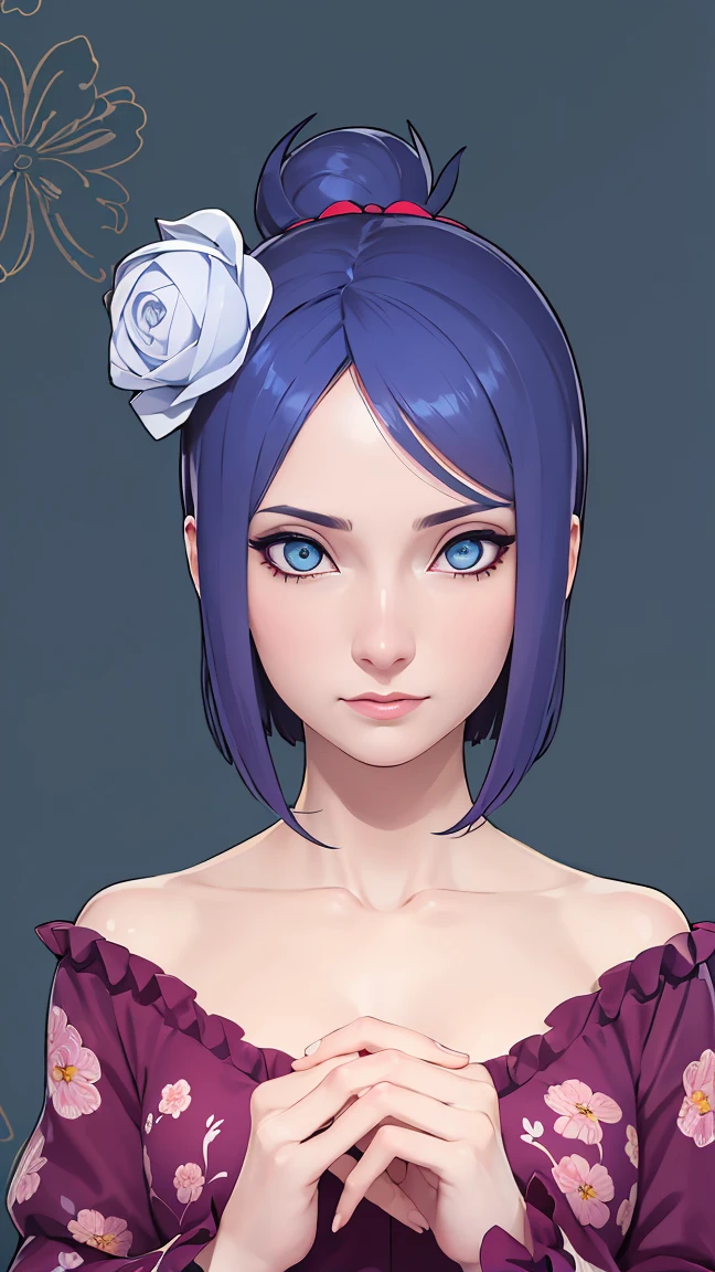 （（danya，konan \(naruto\),konan, blue hair, Orange pupils, short hair, hair ornament, flower, hair flower, ）））
BREAK ((collarbone, floral background, floral print, frilled sleeves, frills, hair bun, hair ornament, hair stick, hair tubes, headpiece:1.5)) 
BREAK Tsundere,Evil smile,Top image quality,Best Quality,
BREAK (masterpiece:1.2), best quality, high resolution, unity 8k wallpaper, (illustration:0.8), (beautiful detailed eyes:1.6), extremely detailed face, perfect lighting, extremely detailed CG, (perfect hands, perfect anatomy),