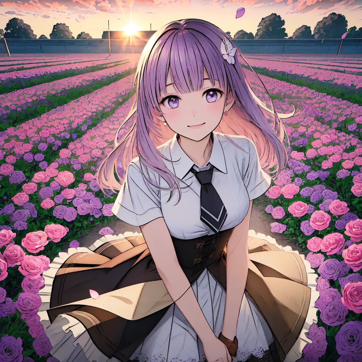 (( best quality, masterpiece, 4k, 8k, 16k, absurdrity, retina, High quality CG, Beautiful CG, Soft Light, Octane Rendering)), Ultra-Wide Angle, POV, anime style, 1girl, smile, blunt bangs, drooping eyebrows, aqua eyes, glowing eyes, violet hair, meadow, smile, long white shirt, black flowing pleated skirt, lace-trimmed skirt, black necktie, BREAK looking at viewer, blush, facing shot, sunrise backlighting, cloudy, purple and blue gradient sky, surrounded by glowing butterflies, award winning, vibrant colors, flowers flying, bloom, petals falling, cowboy shot, view from above, dreamy touch, hand on cheek