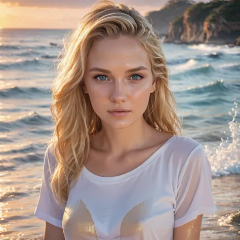 a beautiful blonde girl, 165cm tall,   in wet t-shirt , full body portrait, , australian, realistic, photorealistic, 8k, high re...