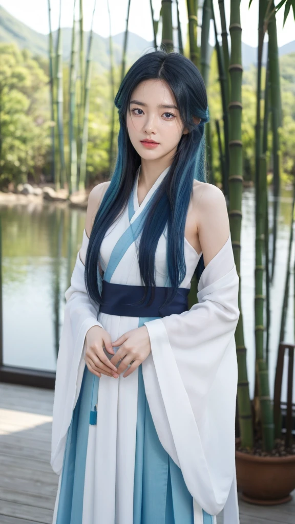 masterpiece, Highest quality, Official Art, 8k wallpaper, Very detailed, figure, 1 girl, Sky blue hair, Short Hair, Detailed eyes, Forrest Gump, Exposing shoulders, Hanfu, lake, Pure, A kind smile, bamboo, tea