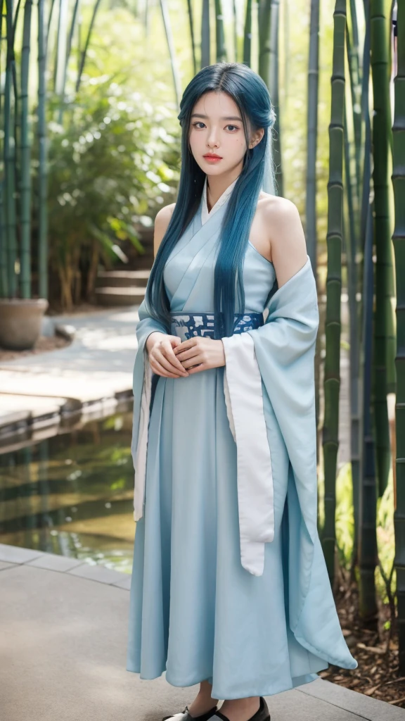 masterpiece, Highest quality, Official Art, 8k wallpaper, Very detailed, figure, 1 girl, Sky blue hair, Short Hair, Detailed eyes, Forrest Gump, Exposing shoulders, Hanfu, lake, Pure, A kind smile, bamboo, tea