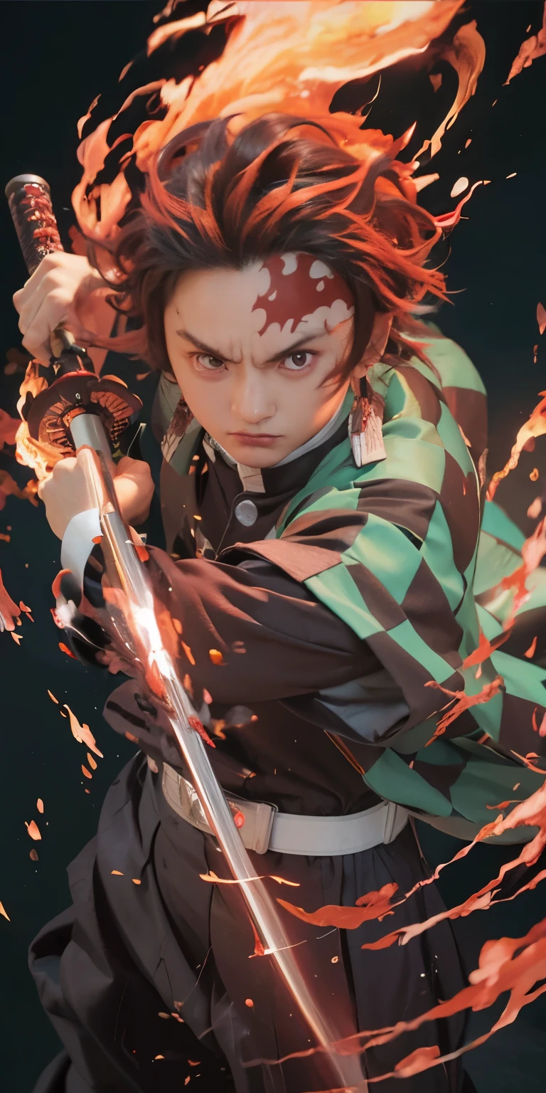 Kamando tanjiro, demon slayer, detailed hand:1.4, detailed face:1.4, detailed eyes:1.4, fire effect:1.5, chinematic light effect, ultra-realistic, ultra-detailed, bestquality, masterpiece.