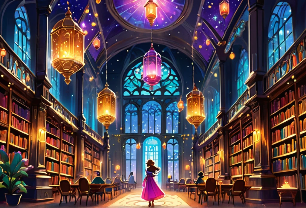 uma bela biblioteca, mágico, with sparkling lights and colorida lanterns, Livro antigo, brilhante, atmosfera mágica, grande e espaçosa biblioteca (Obra-prima de melhor qualidade:1.2) ilustração delicada ultradetalhada, ilustrações, brilhante, colorida, Estilo Disney.