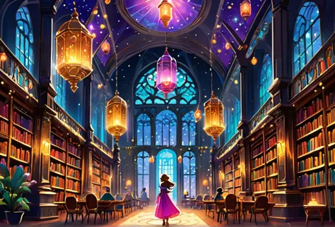 a beautiful library, magical, with sparkling lights and colourful lanterns, ancient book, glowing, magica atmosphere, big spacio...