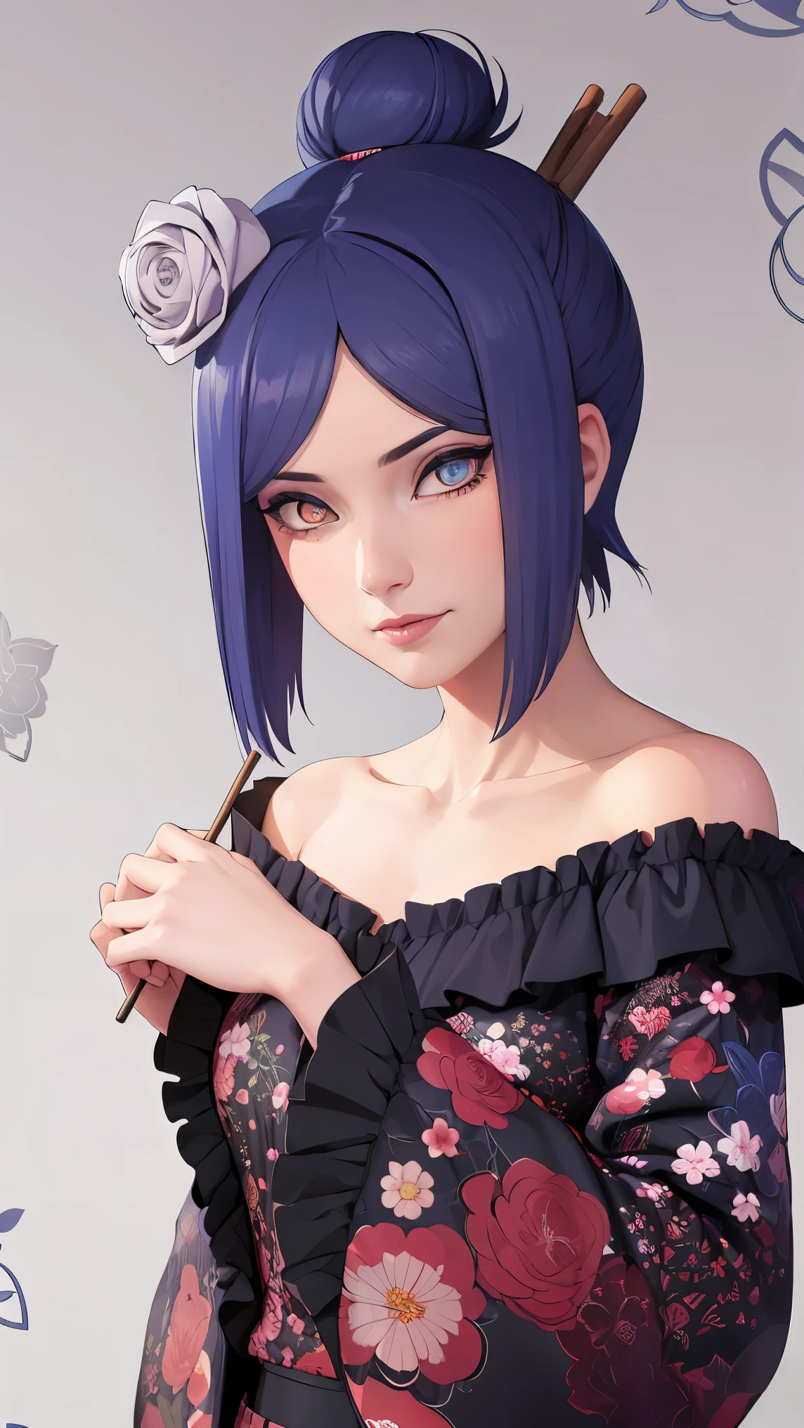 （（danya，konan \(naruto\),konan, blue hair, Orange pupils, short hair, hair ornament, flower, hair flower, ）））
BREAK ((collarbone, floral background, floral print, frilled sleeves, frills, hair bun, hair ornament, hair stick, hair tubes, headpiece:1.5)) 
BREAK Tsundere,Evil smile,Top image quality,Best Quality,
BREAK (masterpiece:1.2), best quality, high resolution, unity 8k wallpaper, (illustration:0.8), (beautiful detailed eyes:1.6), extremely detailed face, perfect lighting, extremely detailed CG, (perfect hands, perfect anatomy),