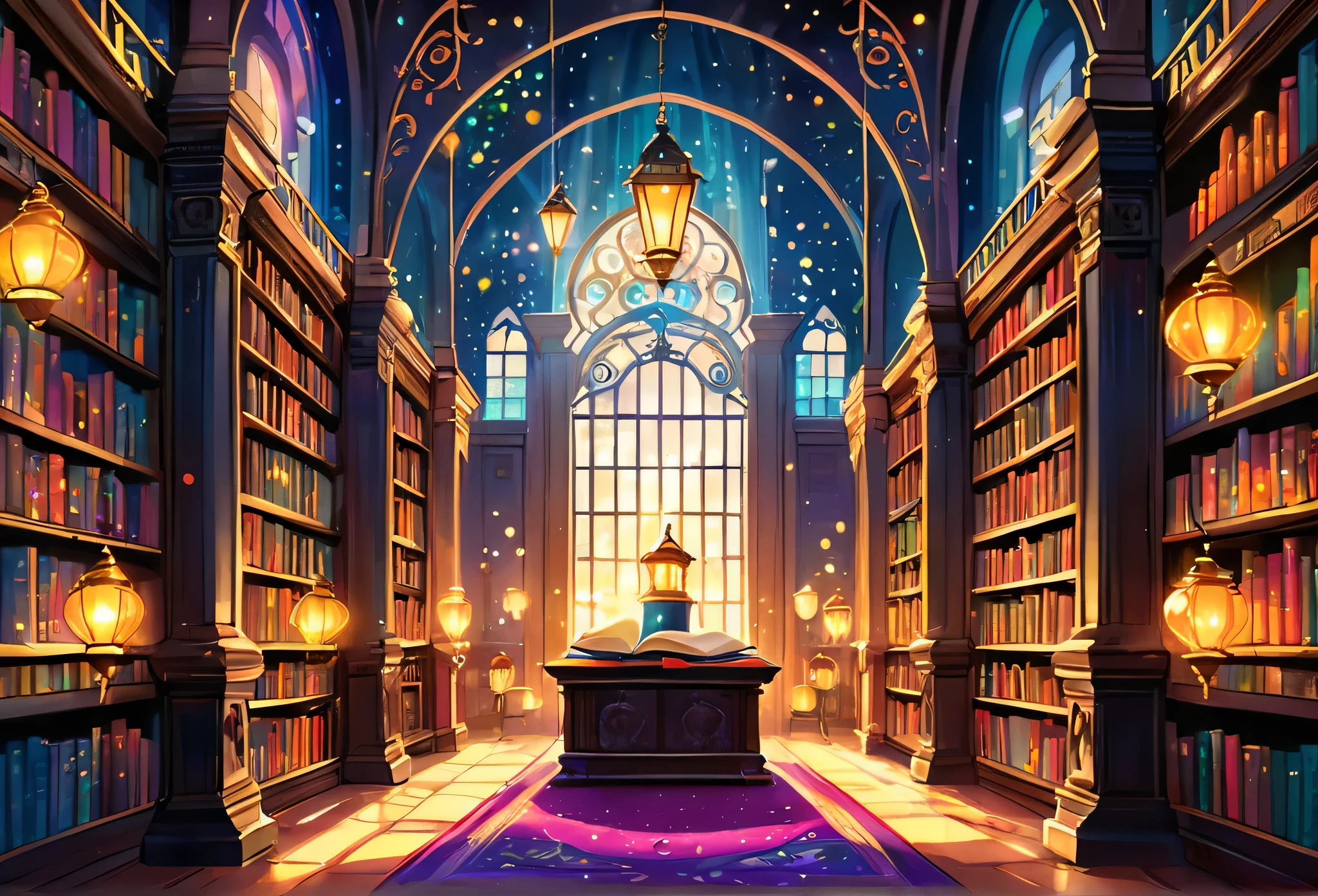 A beautiful library, magical, with sparkling lights and colourful lanterns, ancient book, glowing, magica atmosphere, big spacious library (masterpiece best quality:1.2) delicate illustration ultra-detailed, illustrations, bright, colourful, Disney style.