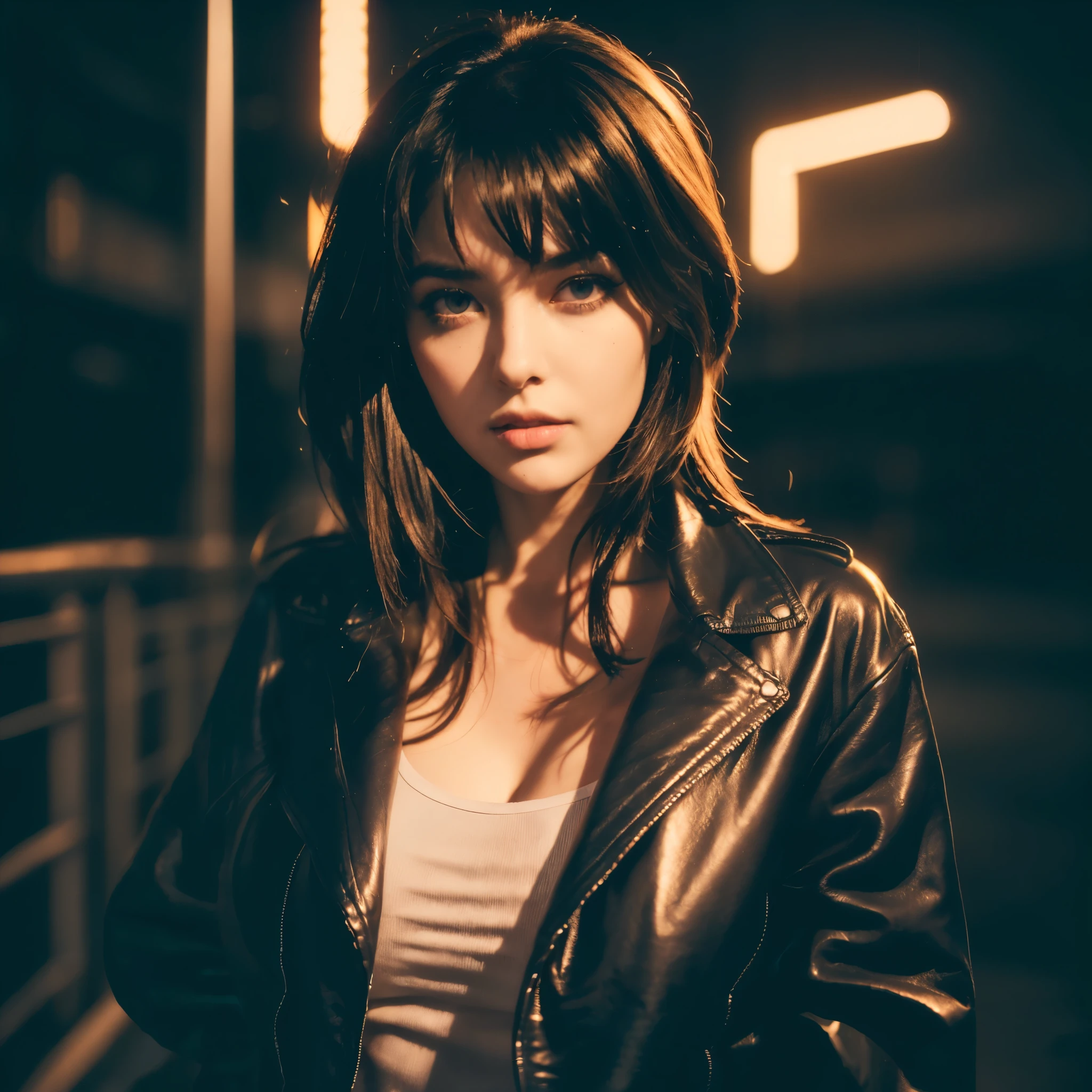 (Best Quality, Masterpiece, Ultra High Definition, High resolution, highly detailed, High Definition Face:1.5), 20-year-old woman, 1 beautiful woman, (full body photo:1.4), (Beautiful woman wearing a leather jacket:1.3), (beautiful eyes, light in the eyes), eyes are in focus, white skin, Glossy, shiny skin, very Fair skin, (film photography style, photo with strong shadows, Background neon light, City of night, cyber punk:1.2), frown, violently fluttering hair, very long hair styles, Slim, Big Breasts