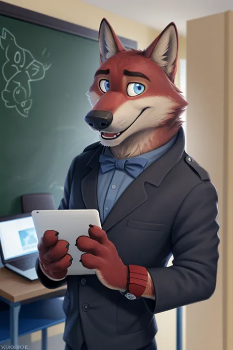 joachim wolfbach (zootopia),tall handsome, wolf,young, 24 years, brown fur,(red body:1.3),blue eyes, moscow dressed jacket, shir...