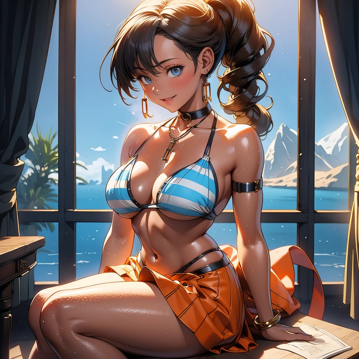 HIGHLY DETAILED, 16K HI-RES, insanely detailed image, cinematic, best quality, masterpiece, realistic, detailed face, detailed background, dramatic lighting, Outfit: Nami is wearing her signature outfit - a bikini top with a blue and white striped pattern, a short orange skirt, and her Log Pose bracelet on her left wrist. She has her hair tied back in a ponytail.
Background: The scene takes place inside the Sunny Go’s navigation room, with the walls lined with maps, charts, and navigation tools. There are large windows showing the open sea outside.