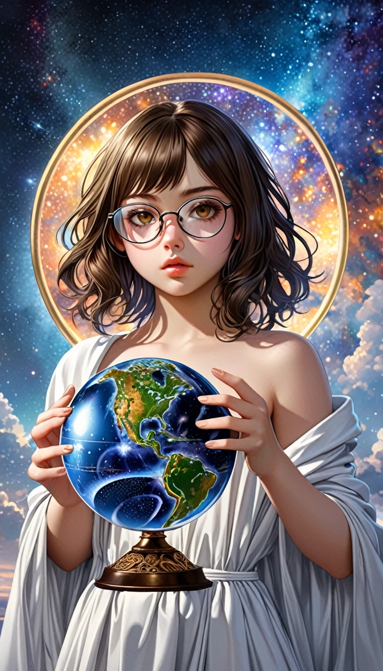 realistic, (masterpiece, top quality, Best quality, official art, beautiful and aesthetically pleasing: 1.2), very detailed, fractal art, colorful, The most detailed, (abstract background: 1.5) (1 short stocky chubby goddess girl with aesthetic small teen breasts(short round teenage girl with glasses: 1.3)), young round face, round cheeks, small round chin, plump sensual lips, realistic expressive honey brown eyes, realistic glasses with lenses, very realistic fluttering very disheveled shaggy slightly wavy semi-long dark brown hair, serious, divinely beautiful face, perfect teenage anatomy, short stature, short stocky torso with an inconspicuous waist, rounded split hips, beautiful legs and arms, Graceful fingers, silk airy almost transparent white robe for a naked body, Milky Way, huge magical bronze and silver globe for Virgo, dream,Fantasy, bronze and silver round finish,beautiful detailed sky,Style and jewelry for Virgo, goddess girl with a globe in her hands,(Nsfw:0.8) Delicate reflective high glass railings