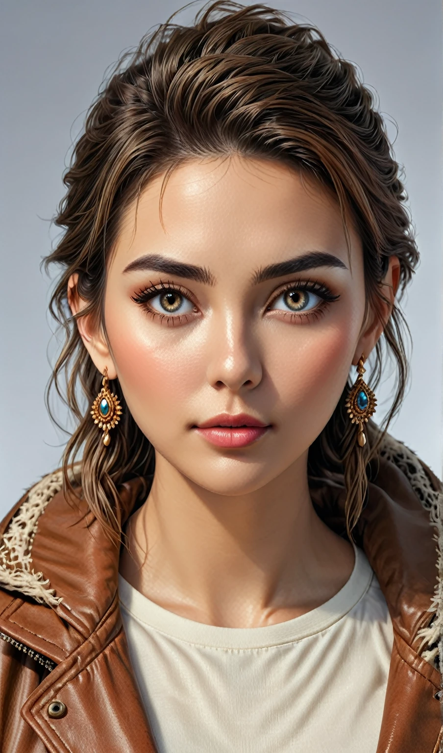 medio plano  of a woman wearing a brown jacket and earrings, extremely detailed face, photoBeautiful realistic face, Beautiful realistic face, beautiful realistic face, highly detailed realistic face, hyperBeautiful realistic face, Ultra realistic faces, Detailed perfect face, Beautiful and realistic faces, 8k highly detailed face, detailed realistic face, Detailed beautiful face, extremely realistic faces character notebook with different shots 