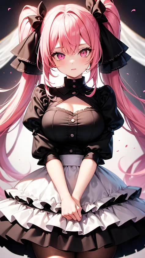 (highest quality,high resolution,very detailed,girl),black tights,pink hair,height: 160cm,cute,pink eyes,twin tails,big breasts,...