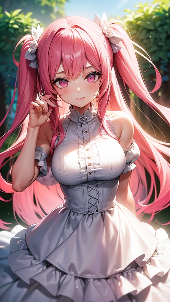 (Highest quality,High resolution,Very detailed,girl),Pink Hair,Height: 160cm,cute,Pink Eyes,Twin tails,Big Breasts,She is wearing a white wedding dress for her wedding,Her eyes are white and shining,Has bright white eyes,Looking at me with a bright face,