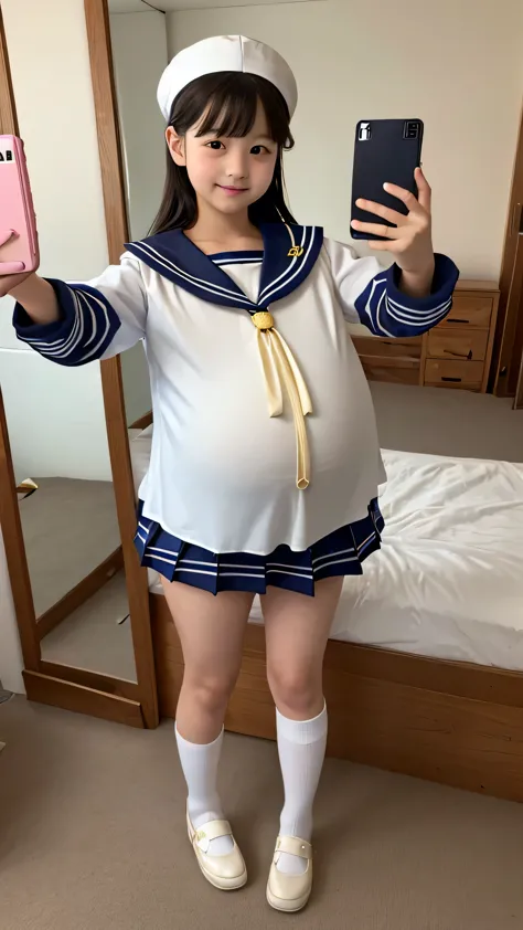 (RAW photograph, Highest quality), (full body:1.6),(selfies photoin mirror:1.6),photograph, Highest quality ,masterpiece, Very delicate and beautiful, Very detailedな顔 , In detail, masterpiece, Highest quality, Very detailedな, High resolution, Are pregnant、Big Belly、Very detailed, whole body, from the front, (10 years old:1.6)、Very detailedな顔、Private elementary school、smile、cute, Sharp pupils,(Childish:1.6) ,cute,Innocent, (Sailor suit:1.6)、Long Hair,Black Hair,Huge breasts , Very heavy chest , Super big breasts,Long cleavage , Plump, Round Breasts ,
