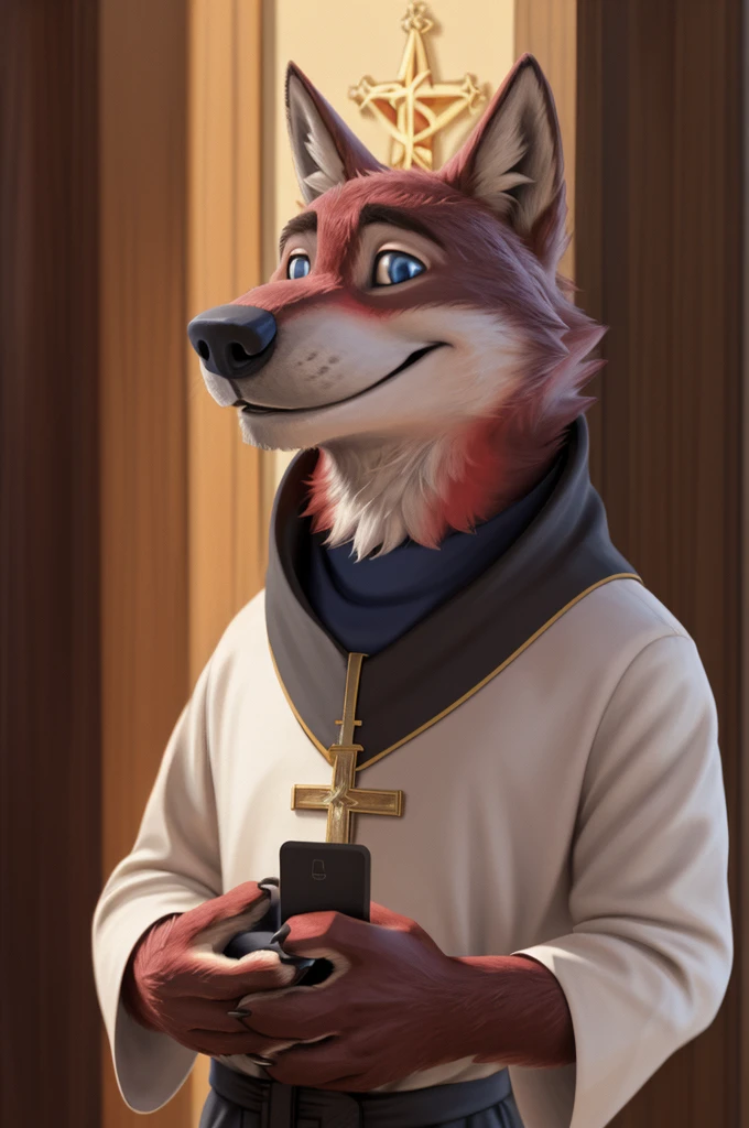 Joachim Wolfbach (Zootopia),tall handsome, wolf,young, 24 years, brown fur,(red body:1.3),Blue eyes, Moscow Dressed,golden,priest,Russian Orthodox Church,shirt inside cassock,pectoral cross, canine, wolf, detailed fur, Male, second, paw pads, finger claws,Holding a laptop in his hands, At the viewer, 5 fingers, paws, 5 fingers, smile, happy, resting, wrist watch, т nextel, I&#39;m standing and praying, by xenoforge, (difficult, high detail, film photography, soft focus, RAW, pilot in training,smile смех ,Russian Orthodox Church, candles, icons, 
photorealism, realistic, photorealistic, analog style, subsurface scattering, 
masterpiece, Best quality, ultra realistic, 8 thousand.)