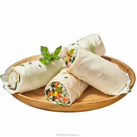 Three burritos on a plate，There is a green leaf, cover, Kebabs, sushi, California Volume, delicious food, share, [ numberArt ]!!, Amazing food illustrations, tastymy, Black person, tasty, recipe, Wet, Bao Nan, Suki, Hyper-realistic food pictures, Granular, [ Wet, number, [ [ Surrealism ] ]