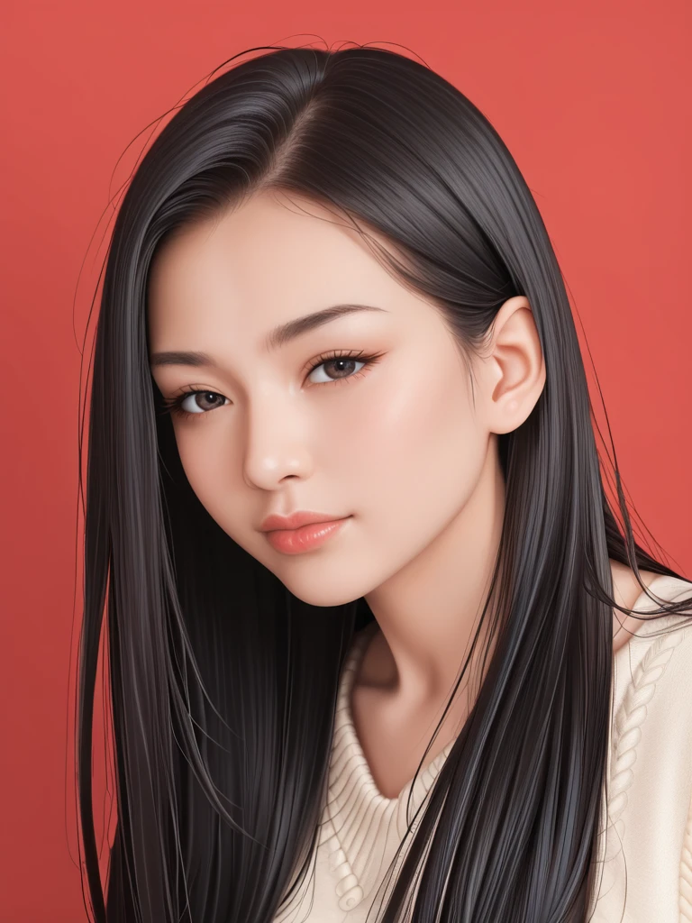 ,score_9,score_8_superior,score_7_superior, 20-year-old, 8k, High resolution, beautiful girl, Black Hair, Very long hair, Straight hair, Mouth closed,
One girl, Detailed face, Beautiful woman face, sweater, Red background, View your viewers,