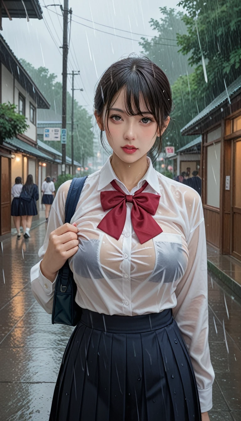 8k, score_9,score_8_up,score_7_up,8k, breasts, A beautiful Japanese woman, High school girl in the rain, （Her uniform is transparent and her underwear is visible.：1.2、Big Tits:1.2