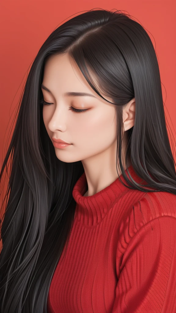 ,score_9,score_8_superior,score_7_superior, 20-year-old, 8k, High resolution, beautiful girl, Black Hair, Very long hair, Straight hair, Mouth closed,
One girl, Detailed face, Beautiful woman face, sweater, Red background, View your viewers,