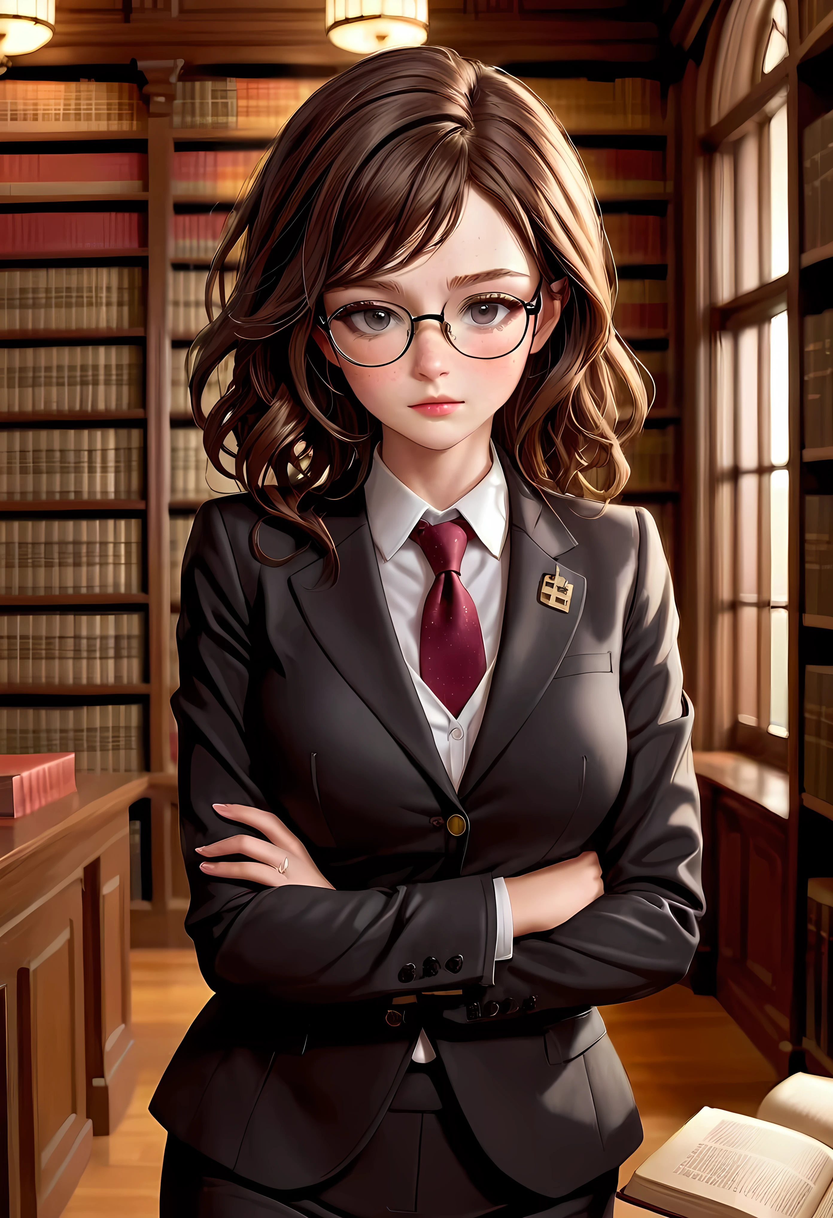 Create a breathtaking, ultra-high-definition image in 16K resolution that captures the elegance and intelligence of a library scene, with a realistic photo aesthetic. | Visualize a beautiful brunette female lawyer with cute freckles, striking eyes, and a confident expression. She exudes authority and grace as she reads several books in the library, wearing a stylish lawyer suit adorned with a lawyer badge and glasses. Her hair is styled in a professional manner, complementing her sophisticated look. | The scene is set in a grand library, with warm, ambient lighting that highlights the lawyer and her studious demeanor. The background features rows of bookshelves filled with books, adding to the scholarly atmosphere of the scene. The library itself is ornate and classical, adding a sense of timeless knowledge and wisdom. | Capture the lawyer in a dynamic pose, showcasing her concentration and dedication to her studies. Her expression should convey a sense of intelligence and curiosity as she delves into the books. The camera angle should emphasize her full body, highlighting the intricate details of her suit, her glasses, the lawyer badge, and her poised posture. | The overall ambiance should integrate rich colors and detailed textures, creating a sense of depth and immersion in this intellectual setting. Ensure anatomical correctness, with a focus on ultra-detailed textures and high-quality rendering, capturing every nuance of the lawyer's appearance and her stylish attire. This masterpiece should embody the spirit of professionalism and elegance, immersing viewers in its lifelike depiction. | Keywords: (brunette female lawyer:1.3), ((realistic photo)), ((cute freckles):1.2), ((stylish lawyer suit):1.2), ((lawyer badge):1.2), ((glasses):1.2), ((striking eyes):1.2), ((library scene)), ((dynamic pose)), ((professional hair)), ((detailed textures)), ((high quality)).