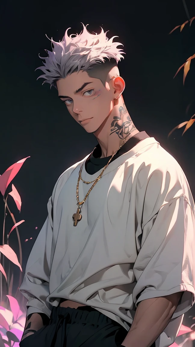 highest quality, 8K, high resolution image, anime style Jujutsu Kaisen, detailed strokes, bored look, blurry, purple light reflecting from it, (close angle), 1 man, male, model, (Ryomen Sukuna's Tattoos) ,Hand in pocket, cool guy, multicolored background with different geometric shapes, around stickers, muscular, grey hair, grey eyes, short hair hairstyle: undercut, puffy chest. He is wearing a white he is wearing a sweater with rolled-up sleeves,, a link chain, black sweatpants, a hand in his pocket, a gold link chain. background: Park, old sports field, deserted, weathered place, nature growing over the sports field,