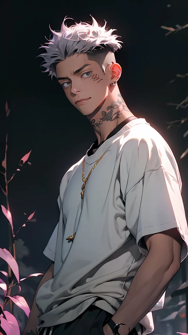 highest quality, 8K, high resolution image, anime style Jujutsu Kaisen, detailed strokes, bored look, blurry, purple light reflecting from it, (close angle), 1 man, male, model, (Ryomen Sukuna's Tattoos) ,Hand in pocket, cool guy, multicolored background with different geometric shapes, around stickers, muscular, grey hair, grey eyes, short hair hairstyle: undercut, puffy chest. He is wearing a white he is wearing a sweater with rolled-up sleeves,, a link chain, black sweatpants, a hand in his pocket, a gold link chain. background: Park, old sports field, deserted, weathered place, nature growing over the sports field,