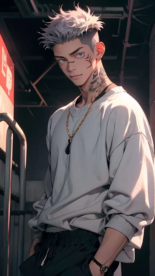 highest quality, 8K, high resolution image, anime style Jujutsu Kaisen, detailed strokes, bored look, blurry, purple light reflecting from it, (close angle), 1 man, male, model, (Ryomen Sukuna's Tattoos) ,Hand in pocket, cool guy, multicolored background with different geometric shapes, around stickers, muscular, grey hair, grey eyes, short hair hairstyle: undercut, puffy chest. He is wearing a white he is wearing a sweater with rolled-up sleeves,, a link chain, black sweatpants, a hand in his pocket, a gold link chain. background: Park, old sports field, deserted, weathered place, nature growing over the sports field,