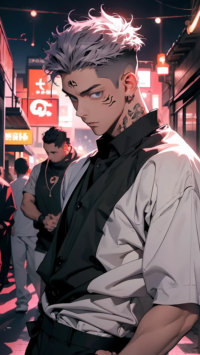 highest quality, 8K, high resolution image, anime style Jujutsu Kaisen, detailed strokes, bored look, blurry, purple light reflecting from it, (close angle), 1 man, male, model, (Ryomen Sukuna's Tattoos) ,Hand in pocket, cool guy, multicolored background with different geometric shapes, around stickers, muscular, grey hair, grey eyes, short hair hairstyle: undercut, puffy chest. he is wearing a white shirt collared shirt hair slicked backblack suit, hand in trouser pocket, gold link chain, background: City, big city streets