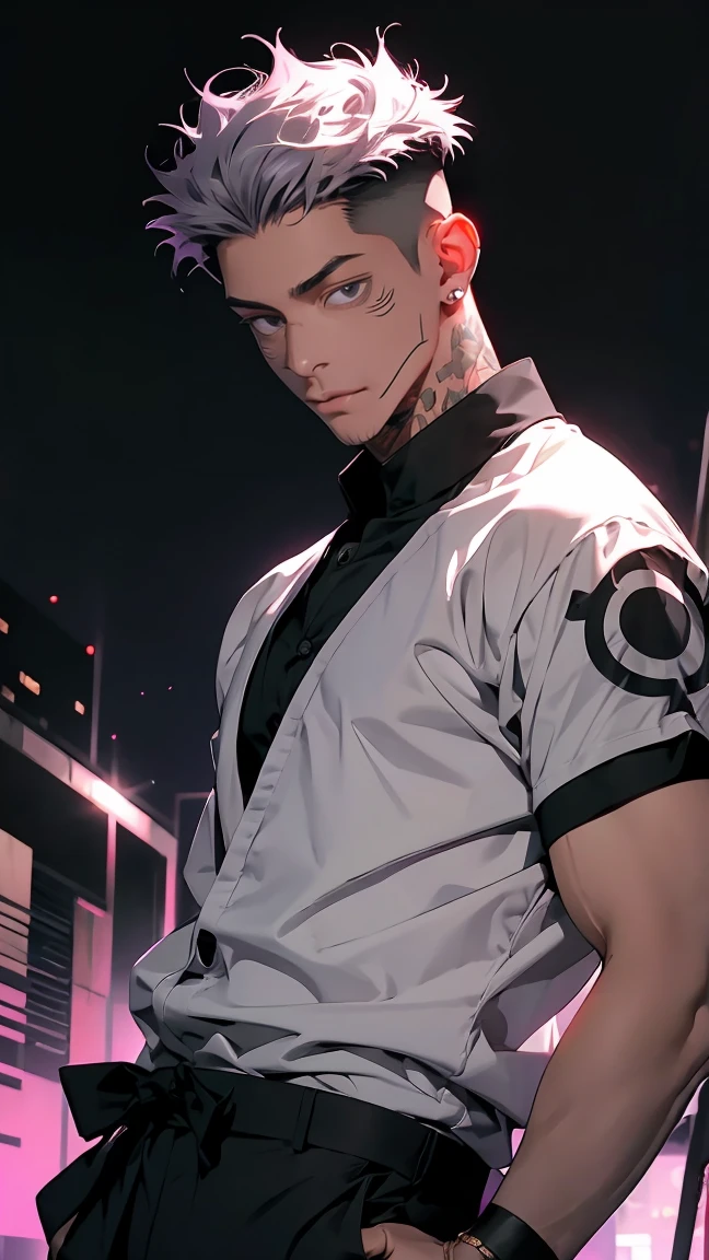 highest quality, 8K, high resolution image, anime style Jujutsu Kaisen, detailed strokes, bored look, blurry, purple light reflecting from it, (close angle), 1 man, male, model, (Ryomen Sukuna's Tattoos) ,Hand in pocket, cool guy, multicolored background with different geometric shapes, around stickers, muscular, grey hair, grey eyes, short hair hairstyle: undercut, puffy chest. he is wearing a white shirt collared shirt hair slicked backblack suit, hand in trouser pocket, gold link chain, background: City, big city streets