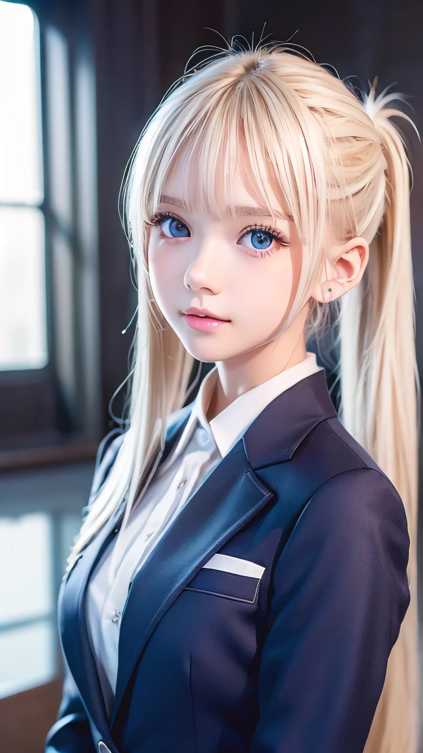 Portrait、School uniforms、Bright expression、ponytail、Young shiny and incredibly white skin、Great looks、Blonde reflection、Platinum blonde hair with highlights、Shiny bright hair,、Smooth, super long, straight hair、Shiny beautiful bangs、Sparkling crystal clear attractive very large bright blue eyes、Very beautiful, lovely and cute 16 year old girl、Ample Bust