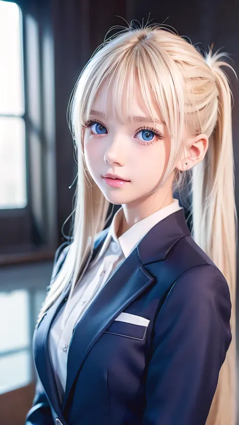 portrait、school uniforms、bright expression、ponytail、young shiny and incredibly white skin、great looks、blonde reflection、platinum...