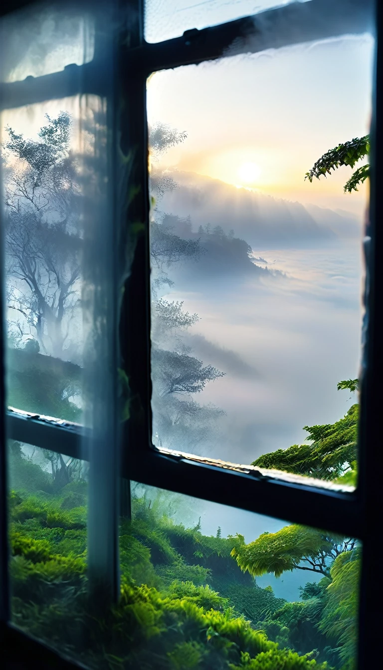 Une vue paradisiaque depuis une fenêtre très brumeuse 