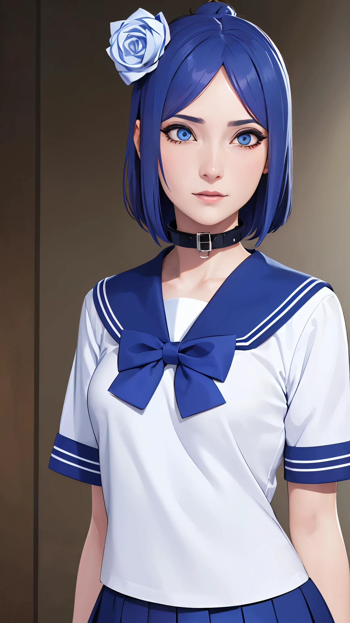 （（danya，konan \(naruto\),konan, blue hair, Orange pupils, short hair, hair ornament, flower, hair flower, ）））
BREAK ((blue bowtie, school_uniform,blue_sailor_collar,short_sleeves,blue and white skirt:1.5)) 
BREAK Tsundere,Evil smile,Top image quality,Best Quality,
BREAK (masterpiece:1.2), best quality, high resolution, unity 8k wallpaper, (illustration:0.8), (beautiful detailed eyes:1.6), extremely detailed face, perfect lighting, extremely detailed CG, (perfect hands, perfect anatomy),