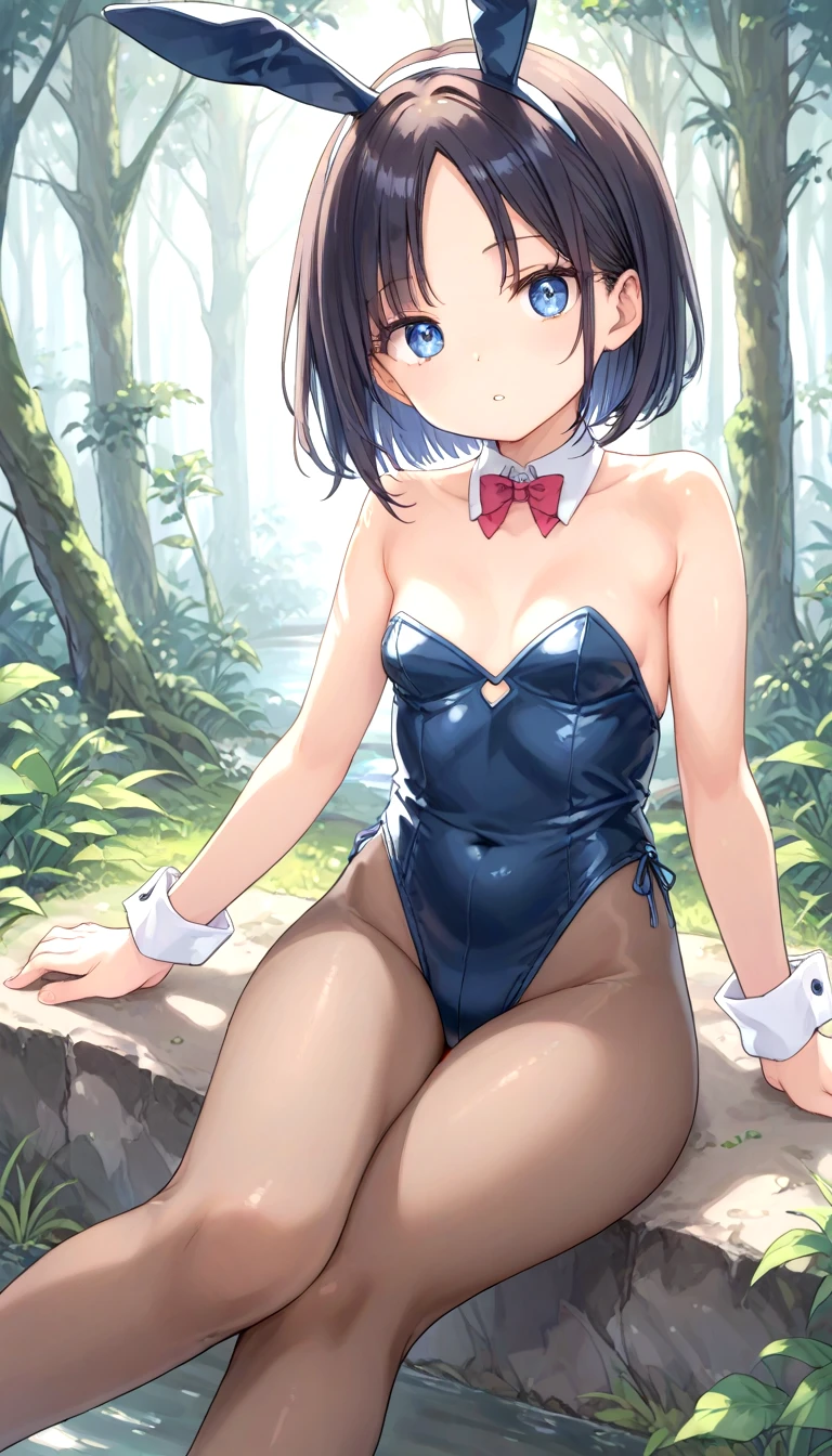 score_9, 1girl, cleavage, clothes lift, small breasts, sitting, on side, bare arms, bare shoulders, collarbone, bunnygirl, bunnysuit, wide hips, thick thighs, skinny, looking at viewer, (parted lips:1.3), detailed eyes, forest, shot from feet