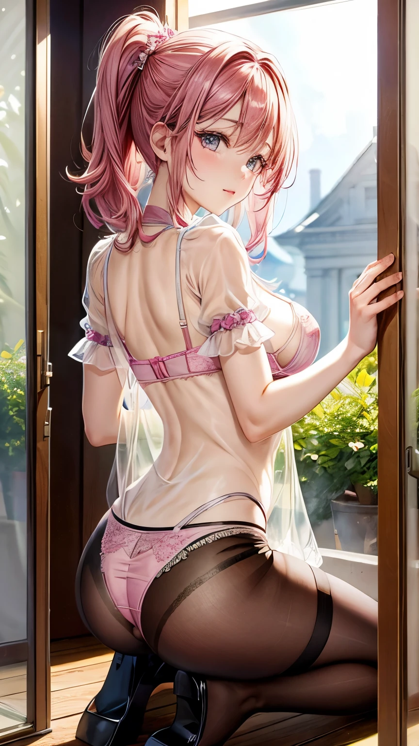 girl turning around, ((highest quality)), (super detailed), (Very detailed CG synthesis 8k wallpaper), very detailed, High-definition RAW color photo, professional photography, ((beautiful big breasts)), ((bare chest)), (pink hair ornament), peanut butter brown hair, wonderful face and eyes, , (amazingly beautiful girl), School, (see-through sheer micro bra:1.6), (Shiny pink satin panties with fine ruffles:1.3)、panties that cover the butt、garter belt、my back is turned、showing your butt、Angle from the back、kneeling
