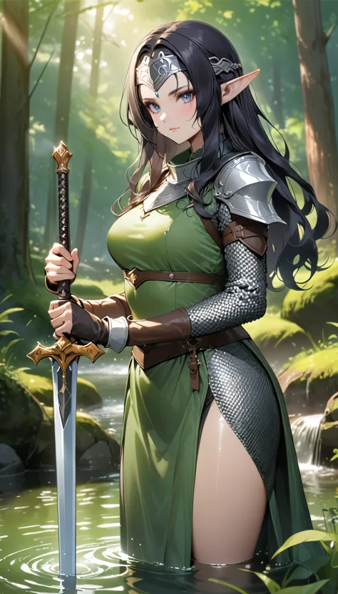 ((best quality)), ((masterpiece)), (detailed), 1 lady, mature, elf, black hair, wave hair, shiny hair, forehead protector, pointy ears, Grip the sword, hold the sword, knight, greem clothes, Chainmail, at pond in forest