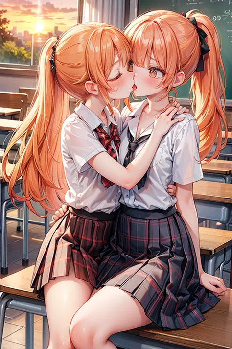 masterpiece, best quality, nsfw,
 2girl, kiss, 
 summer , plaid skirt, orange hair, ponytail, embarrassed face, 
 classroom, sun...