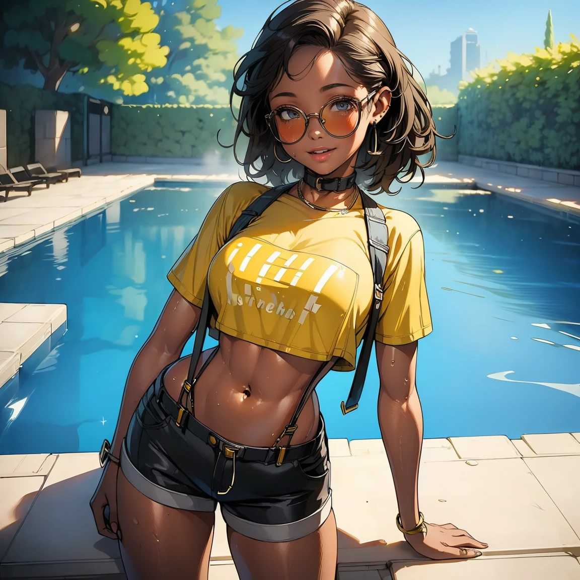 (best quality, masterpiece:1.2), photorealistic, thick outlines, strong shadows, 1 girl, full body, swimming pool, yellow shirt, crop top, suspenders, suspender shorts, detailed background, detailed face,