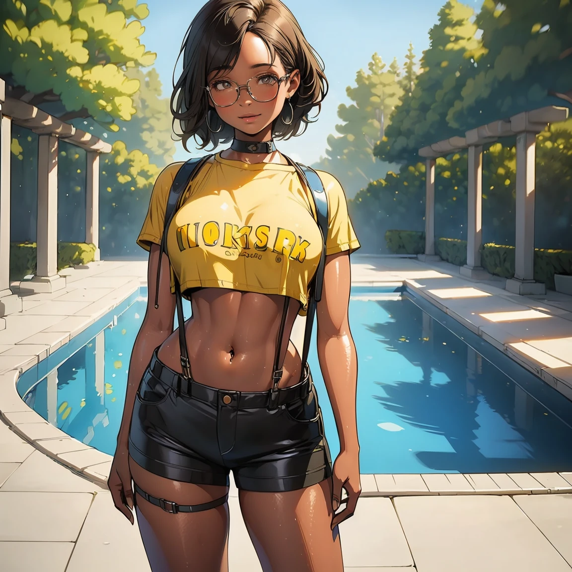 (best quality, masterpiece:1.2), photorealistic, thick outlines, strong shadows, 1 girl, full body, swimming pool, yellow shirt, crop top, suspenders, suspender shorts, detailed background, detailed face,